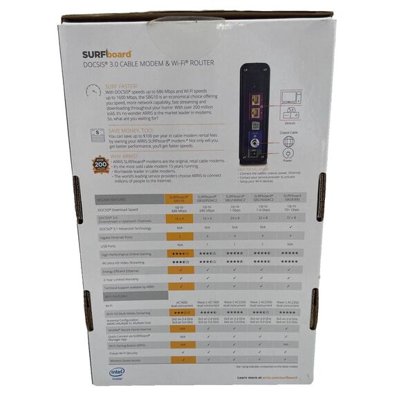 ARRIS SURFboard SBG10 DOCSIS 3.0 16 x 4 Gigabit Cable Modem & AC1600 Wi-Fi - Picture 3 of 5